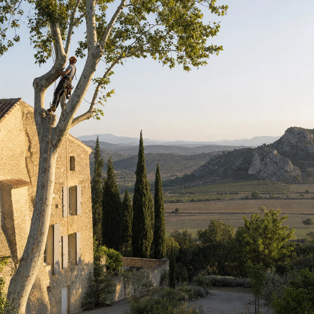 Arboriste grimpé dans un platane devant une bastide en pierre et un vignoble de l'Aude